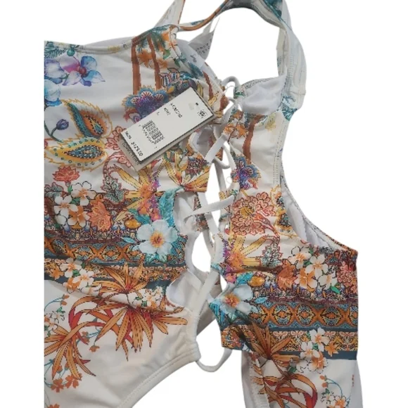 NWT Cole New York Tahiti Plunge Lattice Side Mio One Piece sz L